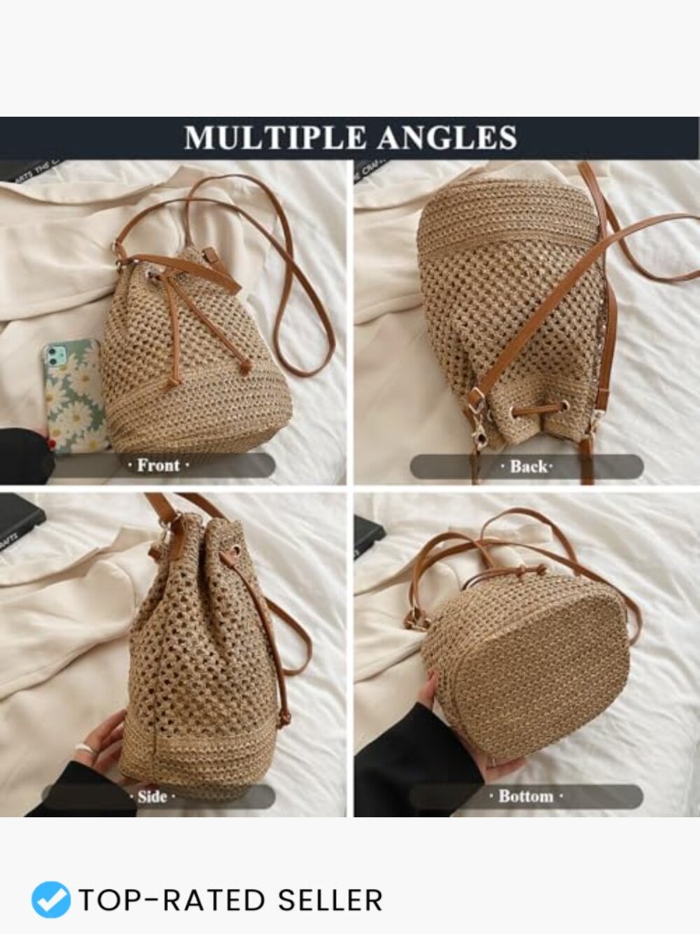Woven Straw Bucket Bag Summer Fashion Handbag Crossbody Hobo Drawstring Purse - Picture 6 of 7